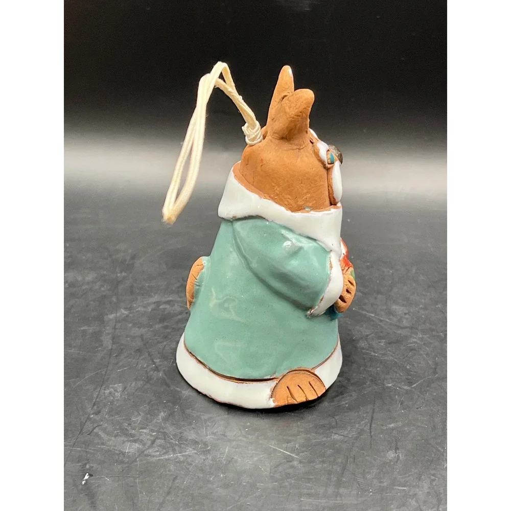 Vtg. Clay Glazed Pottery Bunny Rabbit Figurine Bell Ornament Teal Fruit‎ 3.25